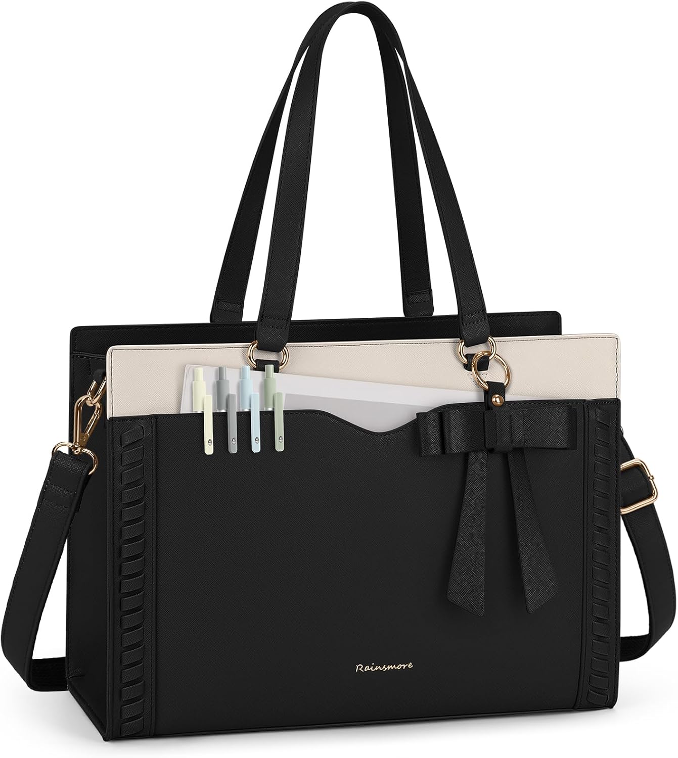RAINSMORE Laptop Bag for Women 15.6 Inch Work Tote Bag with Detachable Strap & Bow Leather Laptop Tote with Cup Holder