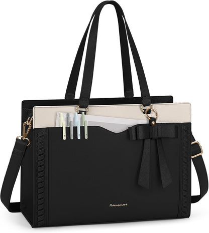 RAINSMORE Laptop Bag for Women 15.6 Inch Work Tote Bag with Detachable Strap & Bow Leather Laptop Tote with Cup Holder