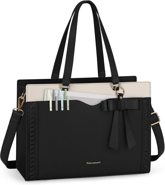 RAINSMORE Laptop Bag for Women 15.6 Inch Work Tote Bag with Detachable Strap & Bow Leather Laptop Tote with Cup Holder