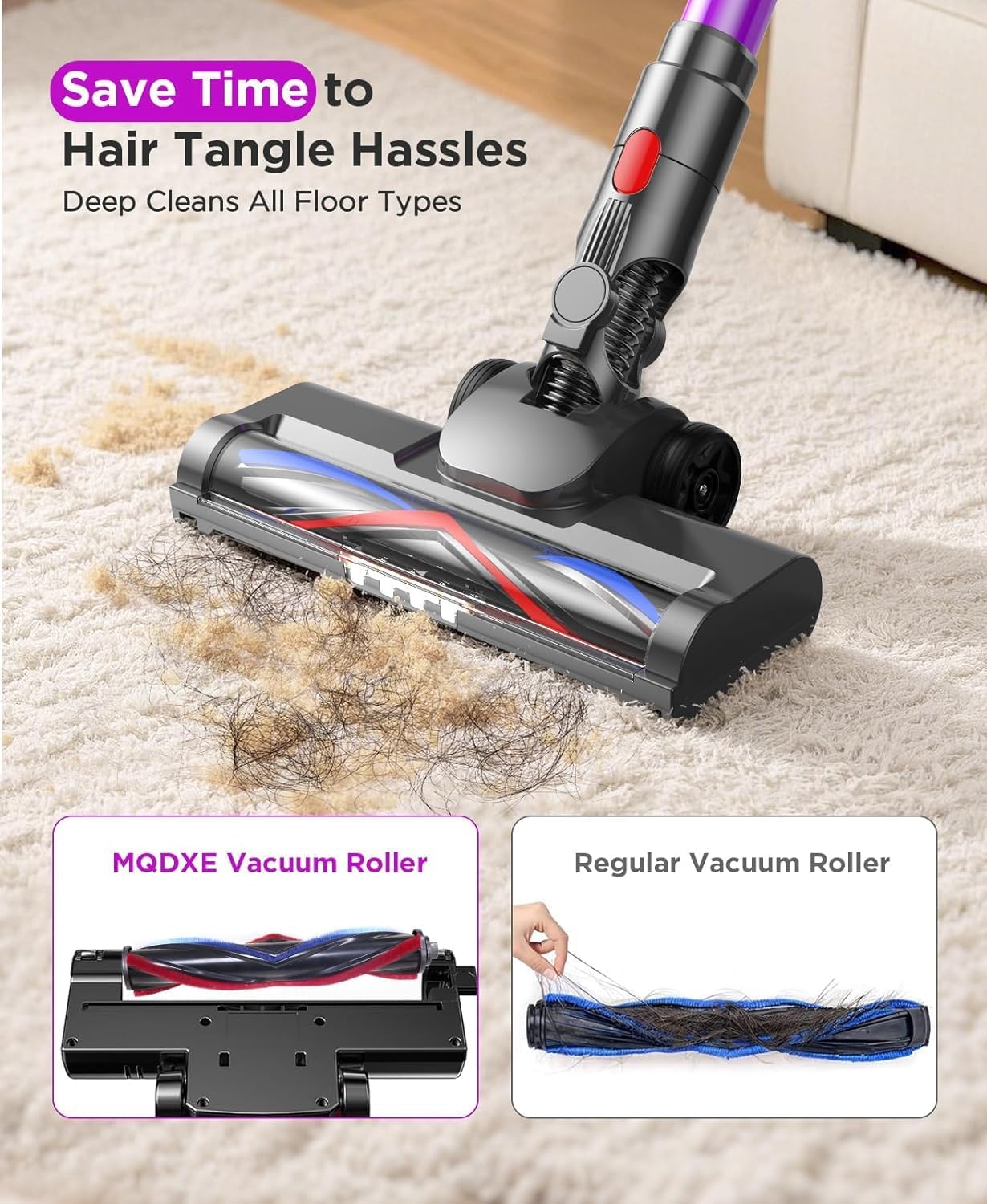 MQDXE Cordless Stick Vacuum Cleaner: 550W Powerful Suction, LED Display, 55 Min Runtime, Anti-Tangle Brush, Rechargeable Battery, Lightweight for Home, Pet Hair, Hard Floors, Carpet