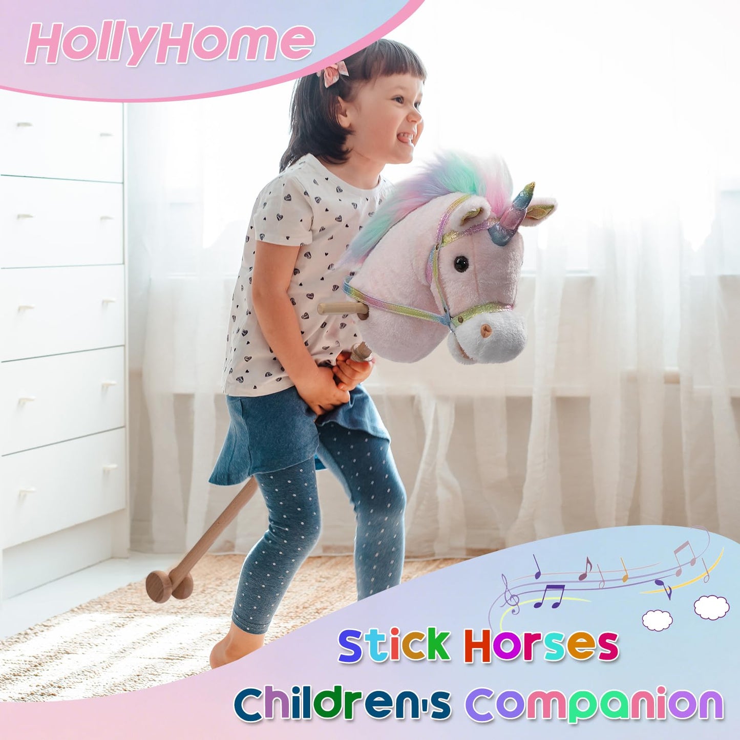 HollyHOME Plüsch Einhorn Steckenpferd mit Holzrädern Echten Pony Wiehern und Galoppieren Geräuschen Plüschtier Rosa 94 cm (AA Batterien Benötigt)