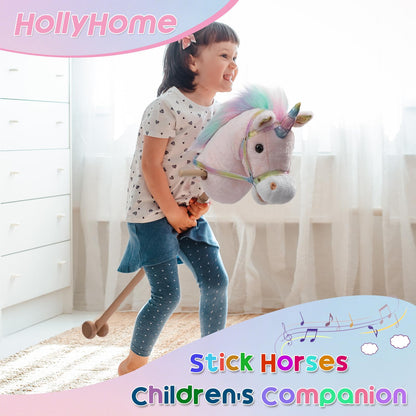 HollyHOME Plüsch Einhorn Steckenpferd mit Holzrädern Echten Pony Wiehern und Galoppieren Geräuschen Plüschtier Rosa 94 cm (AA Batterien Benötigt)