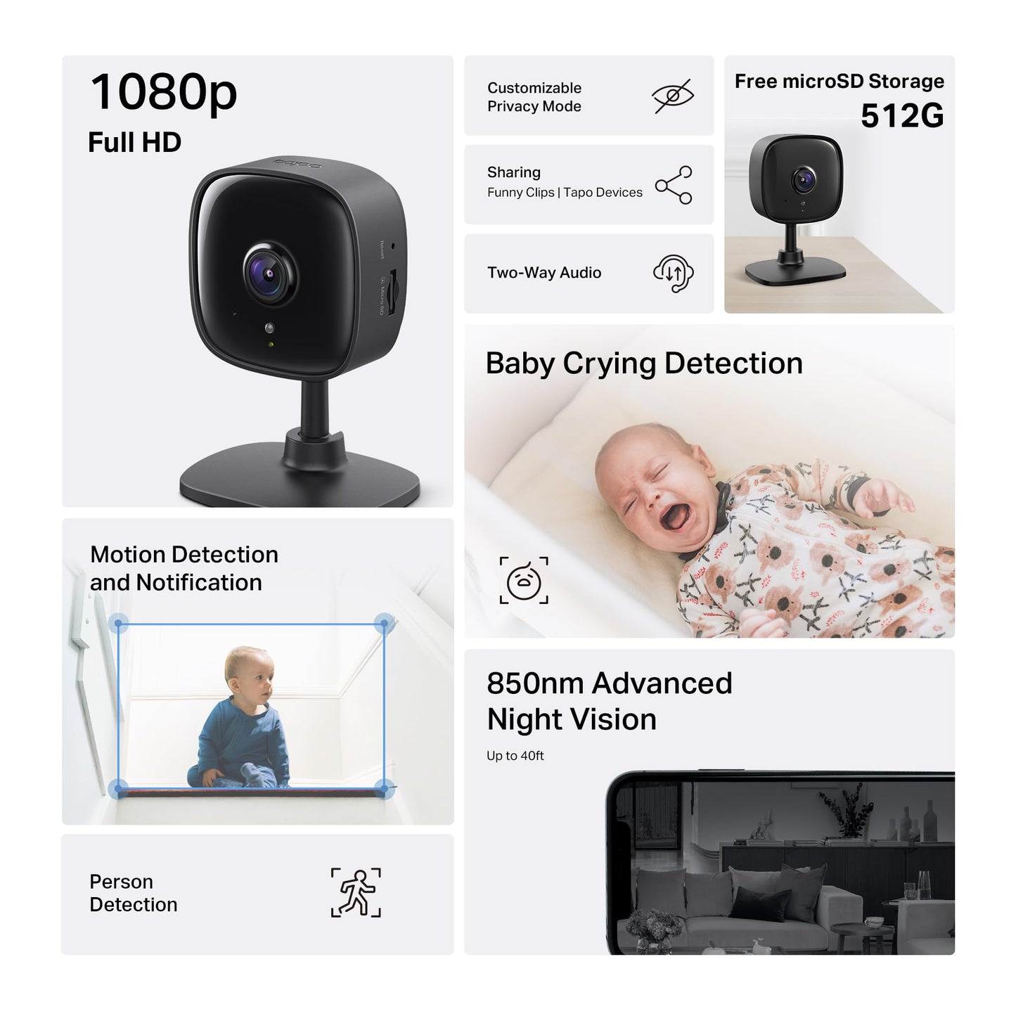 Tapo 1080P Indoor Wired Security Camera - Works as a Baby Monitor & Pet Camera, Motion Detection, 2-Way Audio, Siren, Night Vision, Subscription-Free Local Storage or Optional Cloud, C101