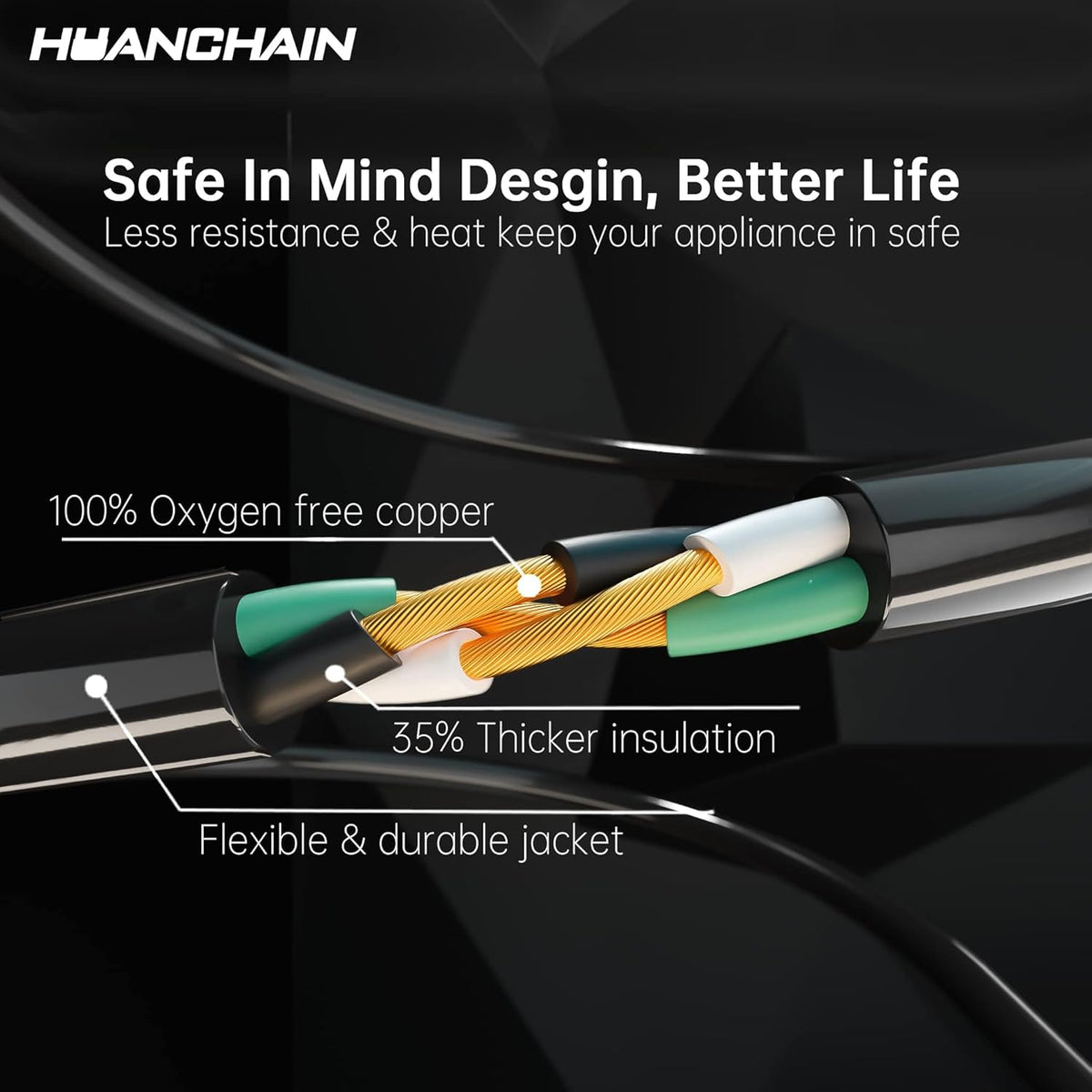 HUANCHAIN Indoor Outdoor Black Extension Cord 25 ft Waterproof, 16/3 Gauge Flexible Cold-Resistant Appliance Cable Outside, 13A 1625W 16AWG SJTW, 3 Prong Electric Cord, ETL