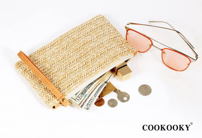 COOKOOKY Damen Stroh-Clutch, böhmische Reißverschluss-Handgelenktasche, Sommer Strand Meer Geldbörse (Beige-Weiß)