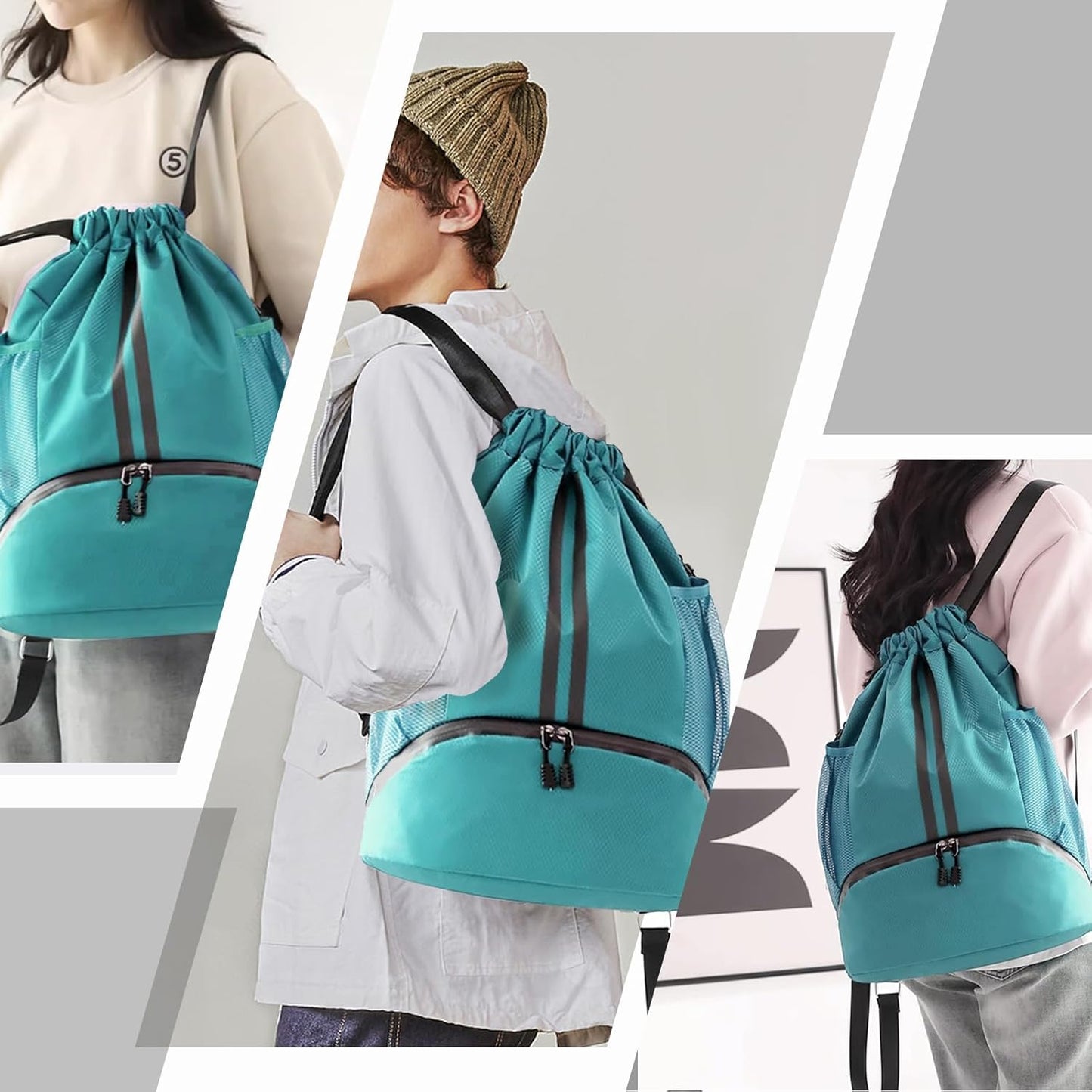 Hoedia Sports-Kordelzugrucksack – Schwimm-Turnbeutel mit Schuhfach und wasserdichter Tasche für Damen und Herren