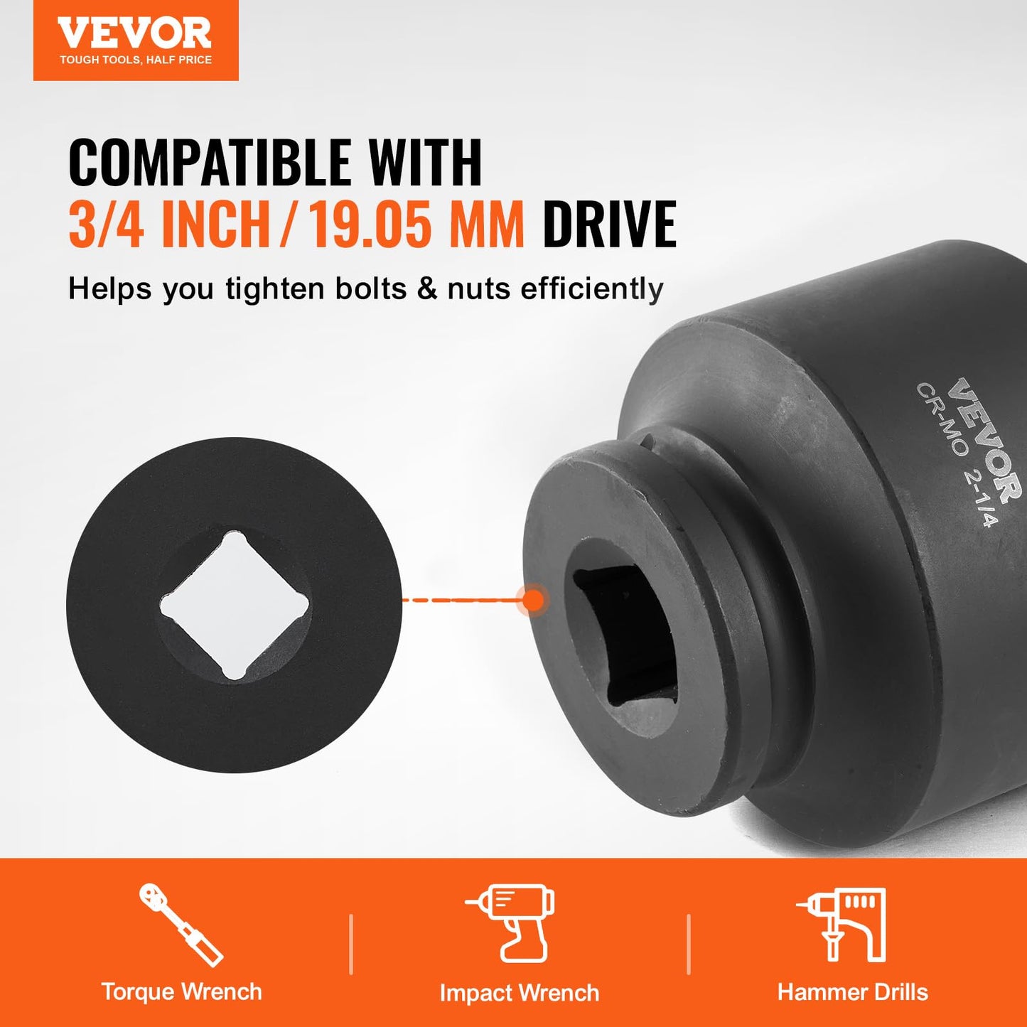 VEVOR 91-Piece 1/2" Drive Impact Socket Set, SAE (5/16" to 1-1/4") & Metric (8 to 32 mm), CR-V, Deep & Shallow, 6 Point, Ratchet Handle, Universal Joint, Adapters, Extension Bars (3, 5, 10 in)