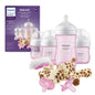 Philips Avent Natural Response Baby Gift Set - 3X 4oz Pink Bottles with Slow Flow Nipples (Flow 2), 1x 9oz Pink Bottle with Medium Flow Nipples (Flow 3), 2X Soothie Pacifiers 0-3m, SCD838/03