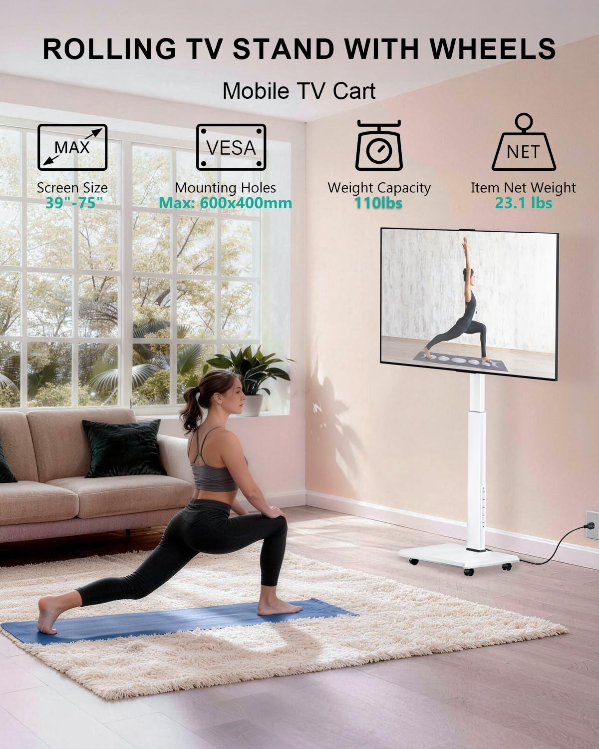 WALI Rolling TV Stand with Power Outlet & AV Shelf, Mobile Tall TV Stand Mount on Wheels for 34-75 inch TV up to 110 lbs, Swivel Height Adjustable TV Cart with Wood Base for Bedroom(TVDVD-6PRW), White