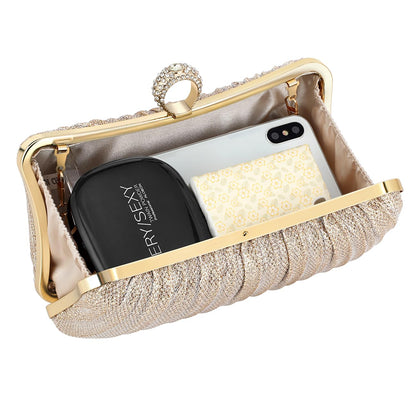 Damen Gold Glitzer Clutch Handtasche Plissierte Abendtasche für Braut Hochzeit Party mit Strassring