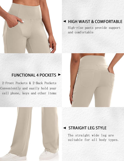 VOOVEEYA Yogahosen für Damen mit Taschen, gerade geschnittene Hose mit weitem Bein, hochtaillierte Business-Hose, petite/regulär//lang