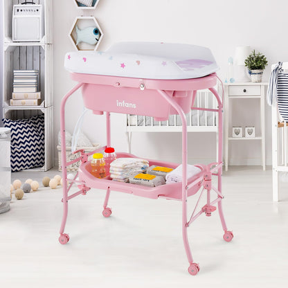 INFANS 2 in 1 Baby Changing Table with Bath Tub Unit, Folding Diaper Dresser Station with Wheels Waterproof Pad Storage Rack, Portable Nursery Organizer Stand for Newborn Infant