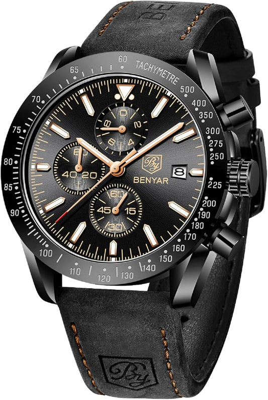 BY BENYAR Watches for Men Analog Quartz Chronograph 30M Waterproof Luminous Big Face Men's Wrist Watches Business Work Sport Casual Fashion Designer Dress Watch Elegant Gift for Men