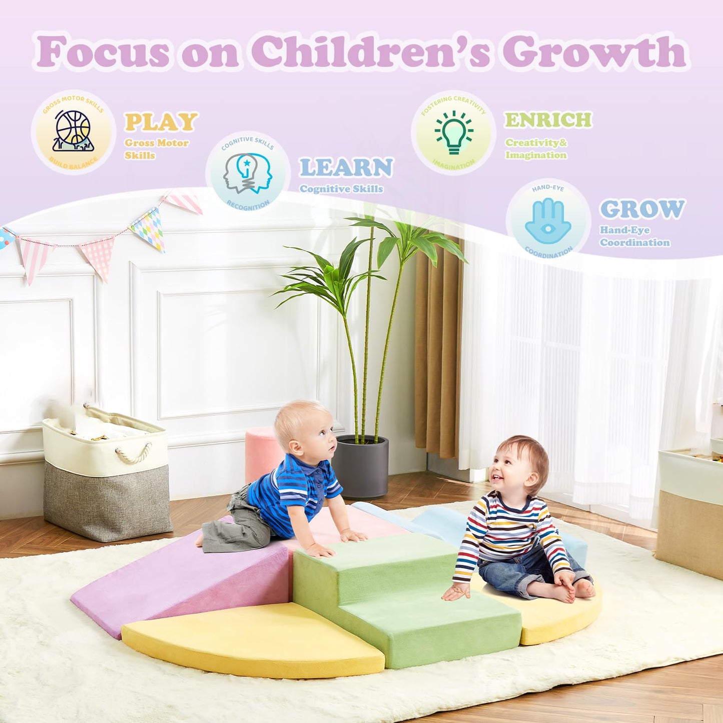 QUCHI Kletterspielzeug für Kleinkinder, Kletterspielzeug für Kleinkinder drinnen, 7-teiliges Weichschaum-Kletterblock-Set, Kleinkind-Spielecke Kletterer Indoor Schaumstoff-Spielplatz zum Klettern, Krabbeln und Rutschen