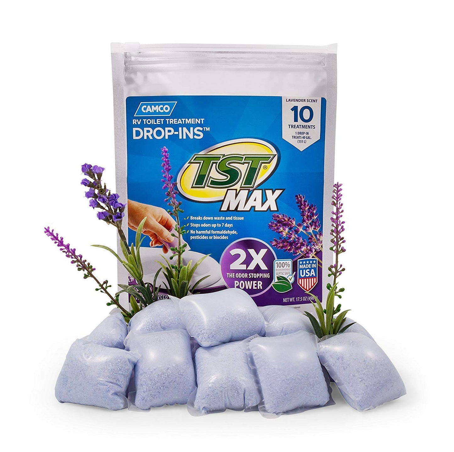 Camco TST MAX RV Toilet Treatment Drop-INs - Control Unwanted Odors & Break Down Waste and Tissue - Safe Septic Tank Treatment - Orange Scent, 30-Pack (41183)
