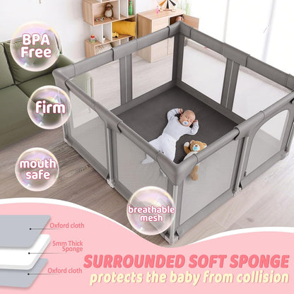 Palopalo Baby Laufgitter, 180x150cm Extra Großer Laufstall für Babys und Kleinkinder, Baby-Aktivitätszentrum mit 8 Saugnapfbasen, Baby-Laufstall mit Tür und weichem, atmungsaktivem Netz, Ohne Matte