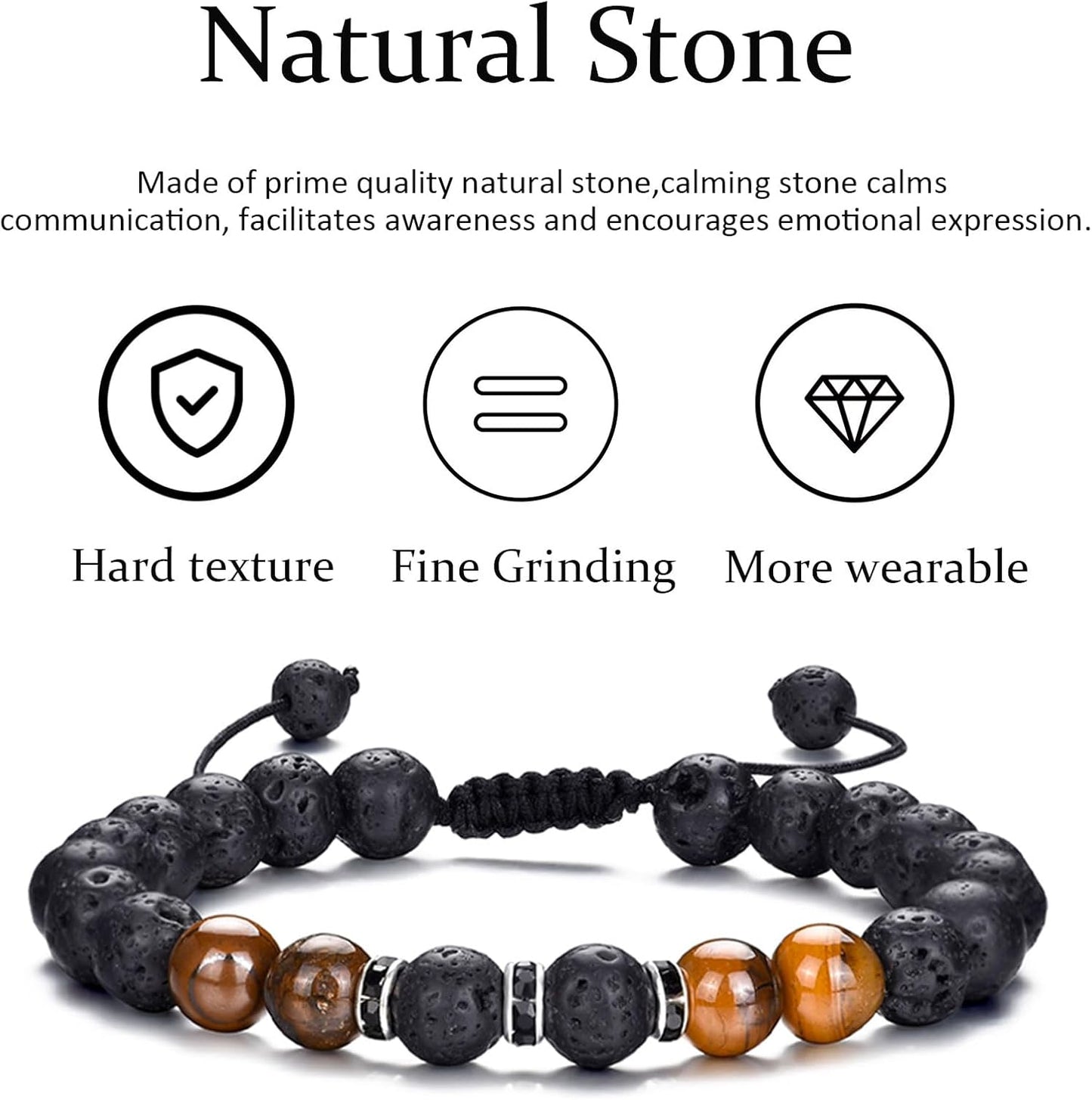 Tigerauge Armband für Herren 8MM Natursteinperlen Armband Set Stretch Lava Stein Armbänder Verstellbares Schwarzes Kristallperlenarmband für Herren Damen Geschenke