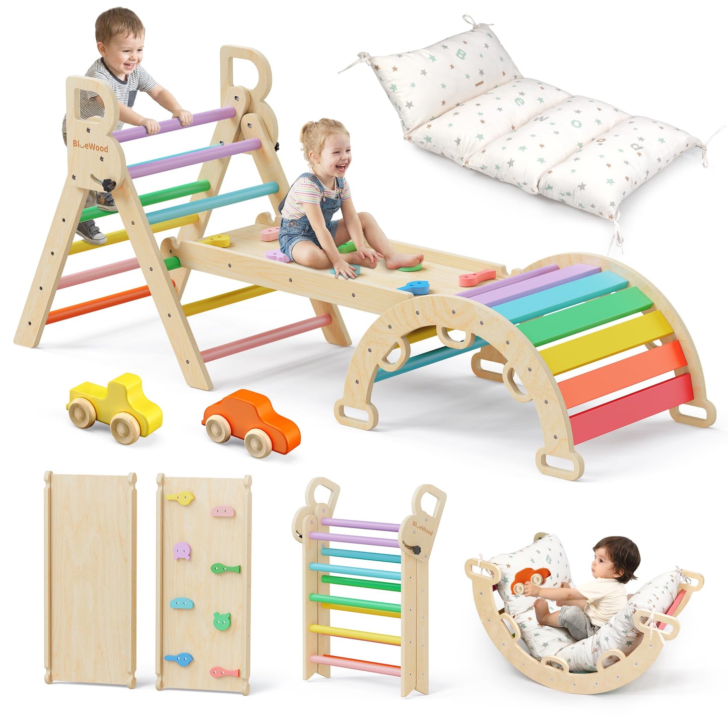BlueWood Pikler Triangle Set with Cushion, 8-in-1 Climbing Toys for Toddlers, Montessori Philosophy Play Jungle Gym with Arch, Ramp, Ladder(Natural Wood)
