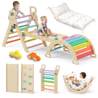 BlueWood Pikler Triangle Set with Cushion, 8-in-1 Climbing Toys for Toddlers, Montessori Philosophy Play Jungle Gym with Arch, Ramp, Ladder(Natural Wood)