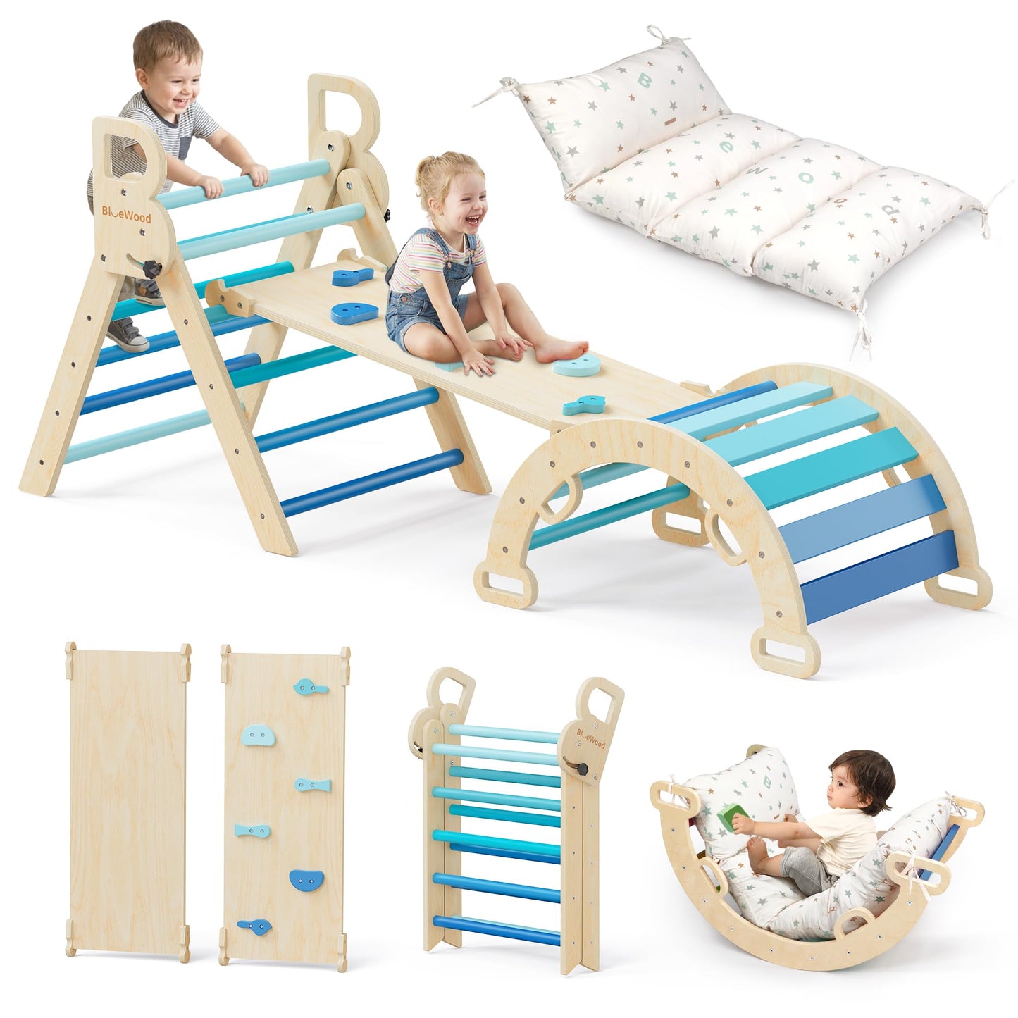 BlueWood Pikler Triangle Set with Cushion, 8-in-1 Climbing Toys for Toddlers, Montessori Philosophy Play Jungle Gym with Arch, Ramp, Ladder(Natural Wood)