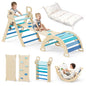 BlueWood Pikler Triangle Set with Cushion, 8-in-1 Climbing Toys for Toddlers, Montessori Philosophy Play Jungle Gym with Arch, Ramp, Ladder(Natural Wood)