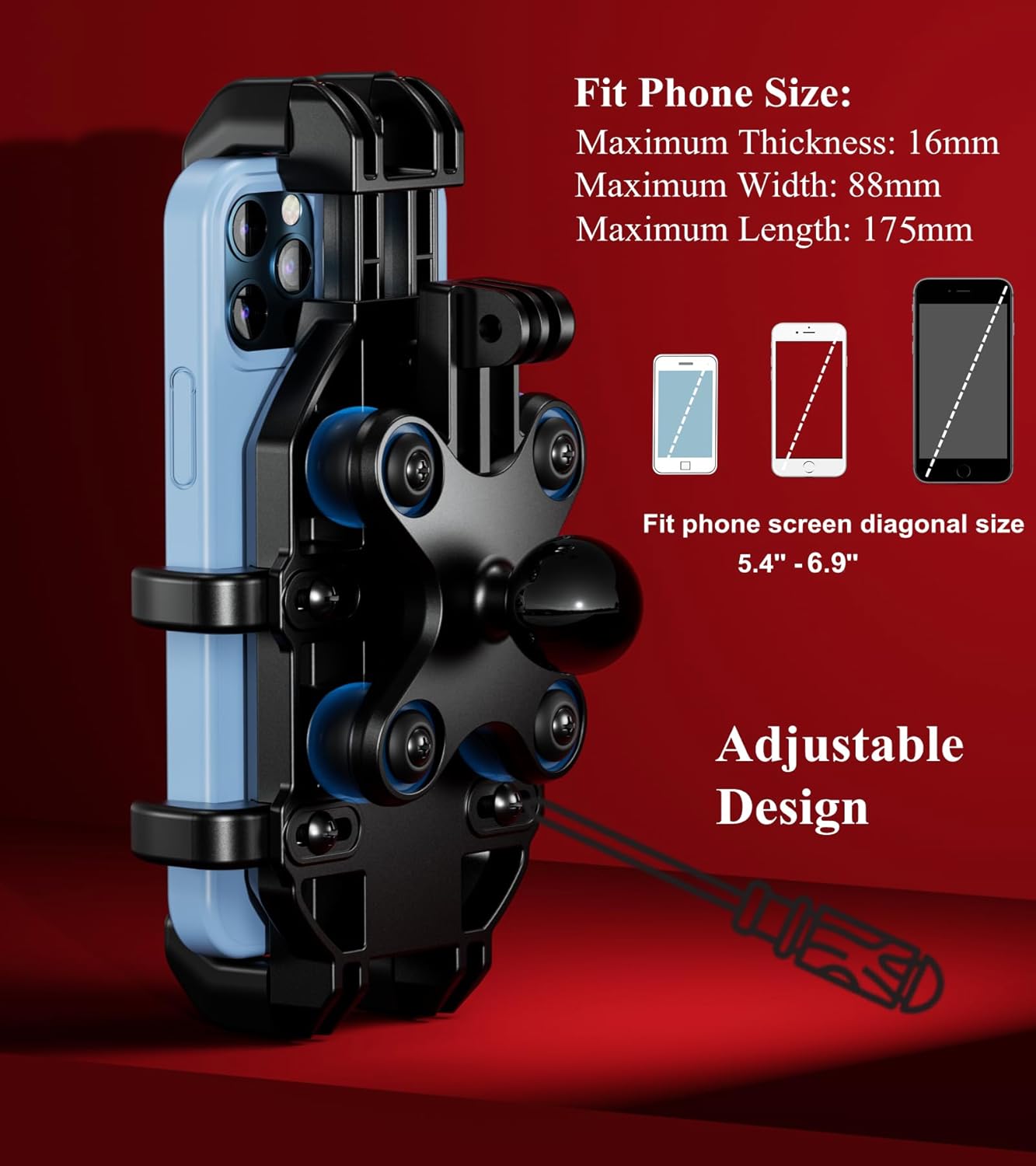 BRCOVAN Motorcycle Fork Stem Phone Mount with Vibration Dampener | Heavy Duty Cellphone Holder Fit Stem Tubes 12mm-25.4mm in Diameter, Adjustable for 5.4 - 6.9'' Smartphone