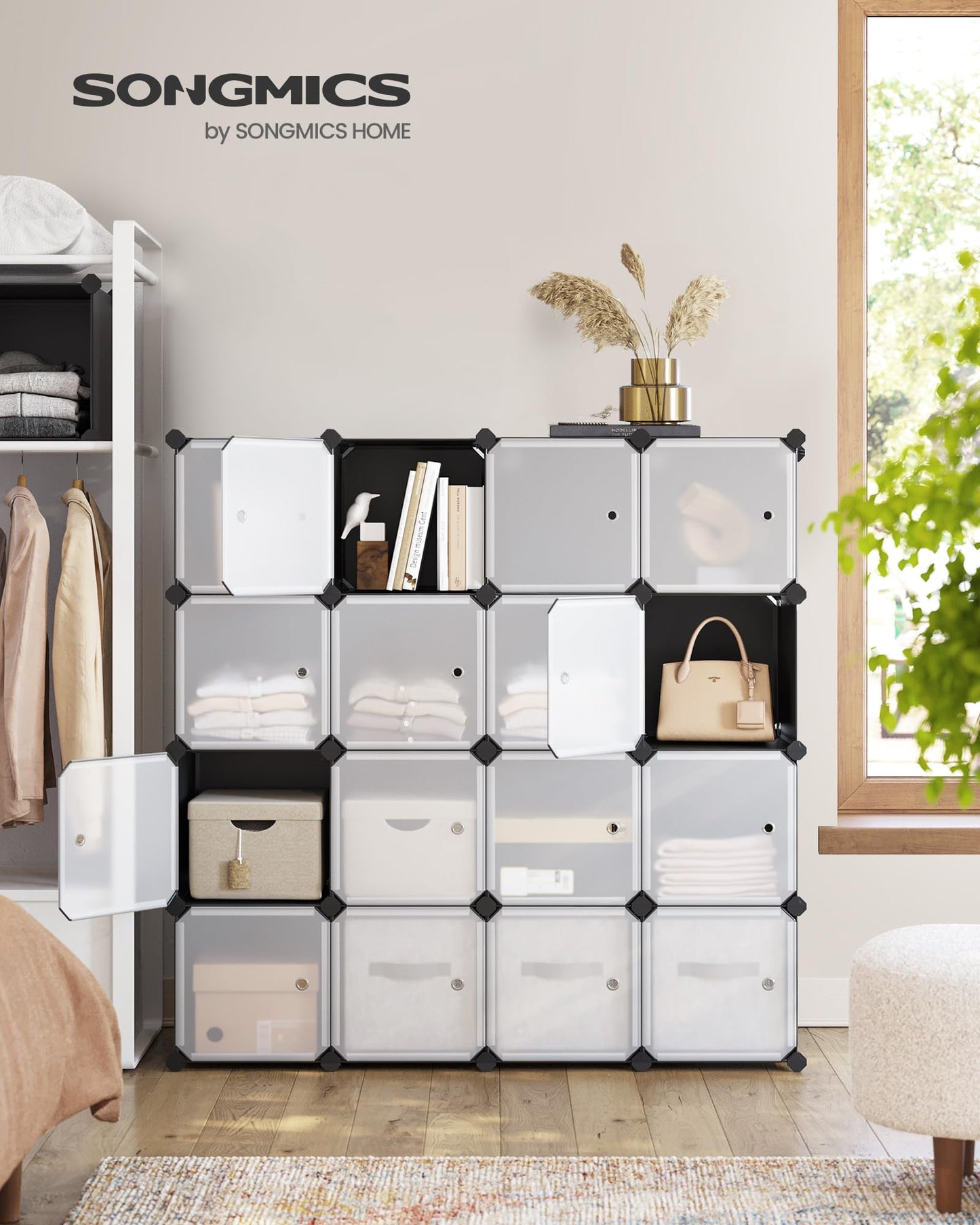 SONGMICS Cube Storage Organizer, Set of 16 Plastic Cubes, Closet Organizers and Storage, Room Organization, Bedroom Living Room, 12.2 x 48.4 x 48.4 Inches, Rustic Brown ULPC442A01