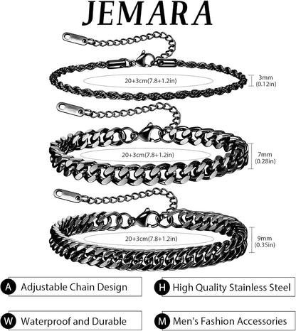 3 Stück Herren Silber Armbänder, robustes Curb Edelstahl Breite Schlangenkette Figaro Cuban Armband Set 7/7.8+1.2 Zoll verstellbares Stapel-Silberkettenarmband für Männer