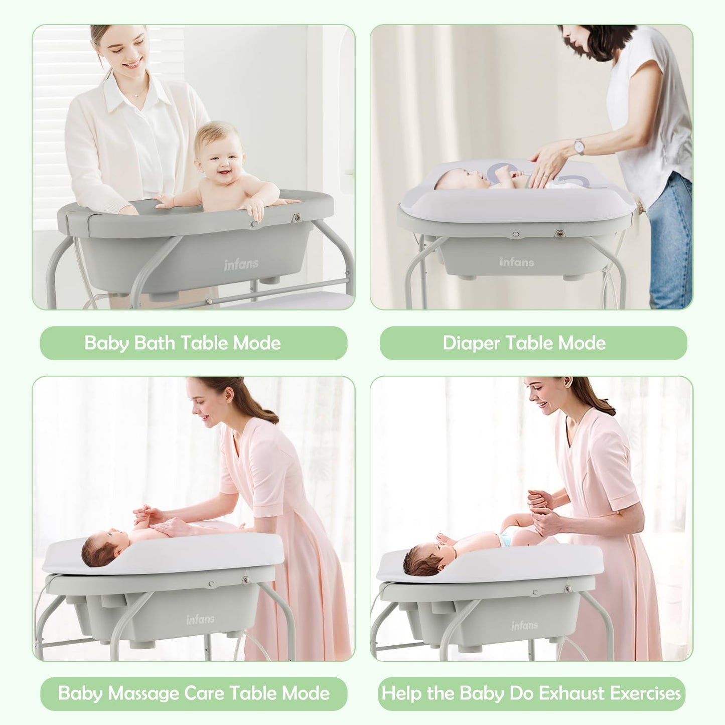 INFANS 2 in 1 Baby Changing Table with Bath Tub Unit, Folding Diaper Dresser Station with Wheels Waterproof Pad Storage Rack, Portable Nursery Organizer Stand for Newborn Infant