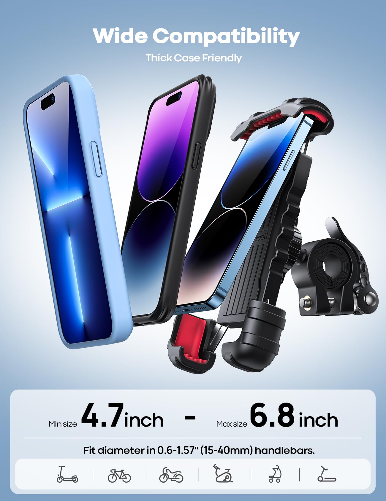 Lamicall Bike Phone Holder, Motorcycle Mount - Motorcycle Phone Holder, Handlebar Cell Phone Clamp, E-Bike Scooter Phone Clip for iPhone 17 Air Pro Max, 16 15 Plus, S20, 4.7 to 6.8" Smartphones