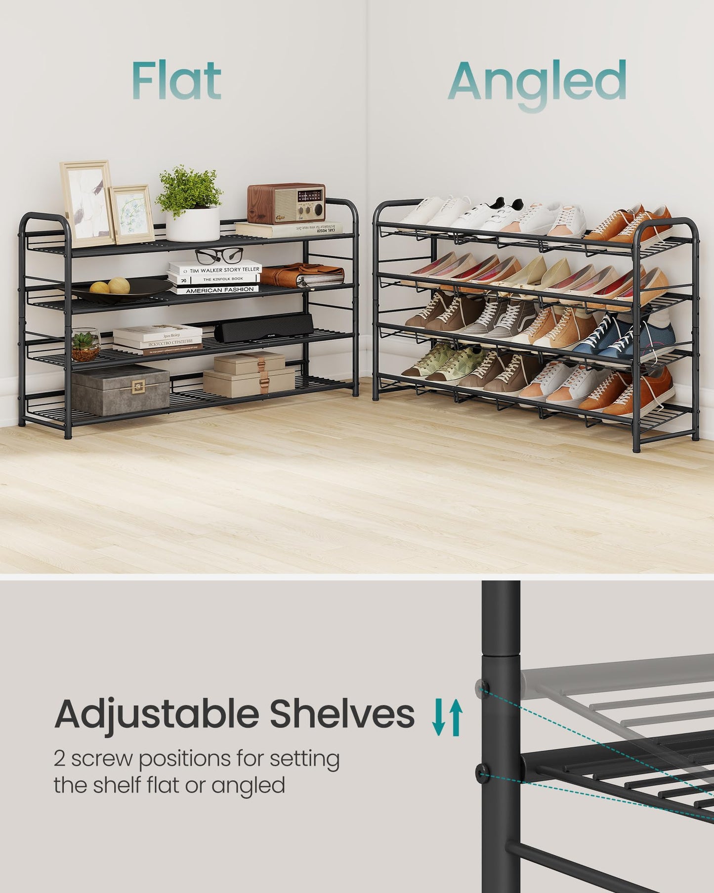 SONGMICS Stackable Shoe Rack, 4 Tier Metal Shoes Rack Storage Shelf, Holds up to 16 Pairs Shoes, Adjustable Slanted Shelves Tower Organizer for Closet Entryway Small Spaces, Bronze