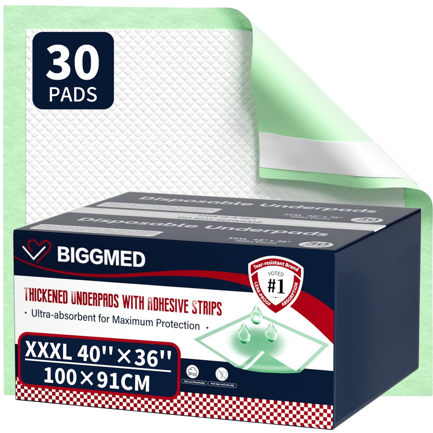 BIGGMED Tear-Resistant Incontinence Bed Pads 40'' x 36'' 130 Gram Heavy Duty (25 Count) Disposable Underpads Chucks Pads for Adults, Kids & Elderly | Protection Pads for Bed, Sofa, and Chair