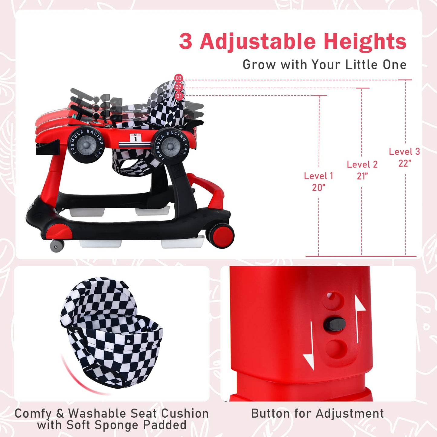 BABY JOY 4-in-1 Baby Walker, Foldable Activity Walker with Adjustable Height & Speed, Music, Lights, Anti-Rollover, Toddler Push Walker, Baby Walker with Wheels for Boys Girls 6-18 Months (Pink)