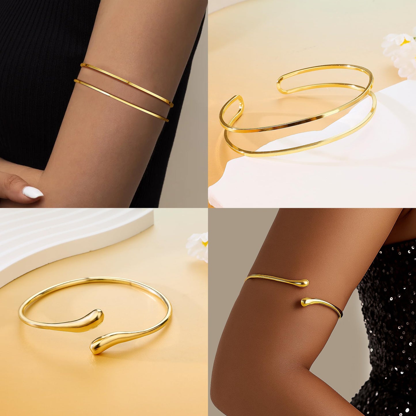 PEALICIOUS 2 STÜCK Gold Armmanschette für Damen, Arm Cuff Gold Minimalistisches Oberarmarmband für Mädchen, Stapelbare Armbandmanschetten, Verstellbare Armreifen Offen als Boho Valentinstag Schmuck Strand Sommer Geschenke