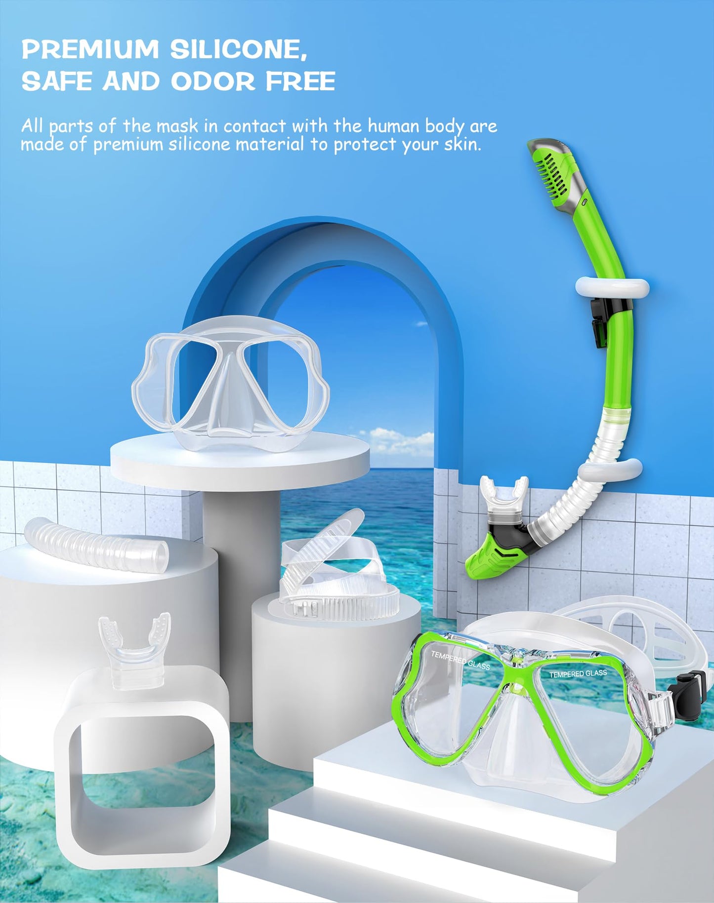 Greatever Dry Snorkel Set,Panoramic Wide View Anti-Fog Scuba Diving Mask,Professional Snorkeling Gear for Adults Kids