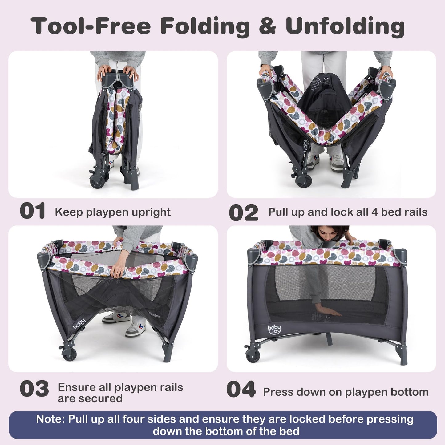 BABY JOY 5 in 1 Pink Pack and Play, Portable Baby Playard with Bassinet & Changing Table, Infant Pink Girl Bassinet Center w/Hangings & Music & Oxford Bag for Baby Toddlers (Rose, Dot Circle)