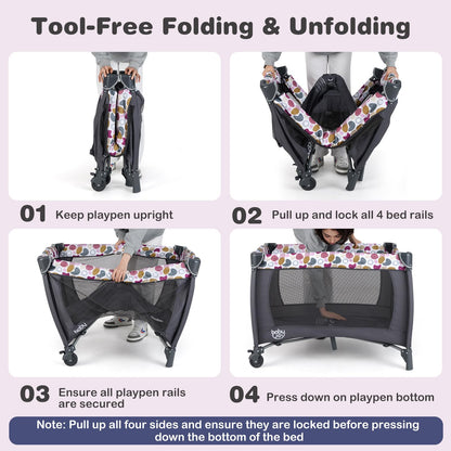 BABY JOY 5 in 1 Pink Pack and Play, Portable Baby Playard with Bassinet & Changing Table, Infant Pink Girl Bassinet Center w/Hangings & Music & Oxford Bag for Baby Toddlers (Rose, Dot Circle)
