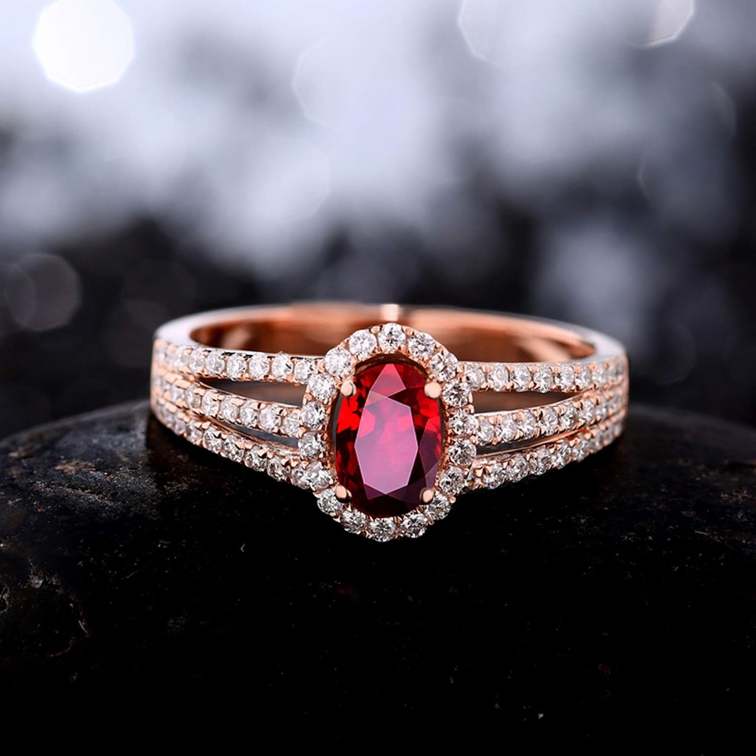 Aienid 18Ct Rose Gold Engagement Rings for Women Gold Diamond 0.45Ct Three Lines with Round Diamond and Oval Ruby Wedding Rings for Women