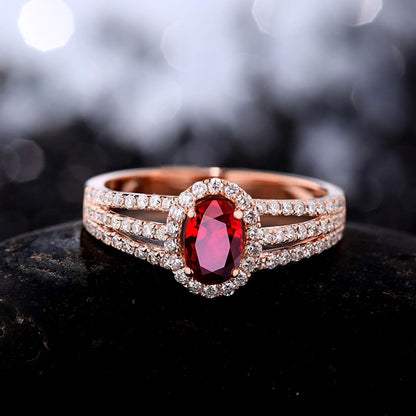 Aienid 18Ct Rose Gold Engagement Rings for Women Gold Diamond 0.45Ct Three Lines with Round Diamond and Oval Ruby Wedding Rings for Women