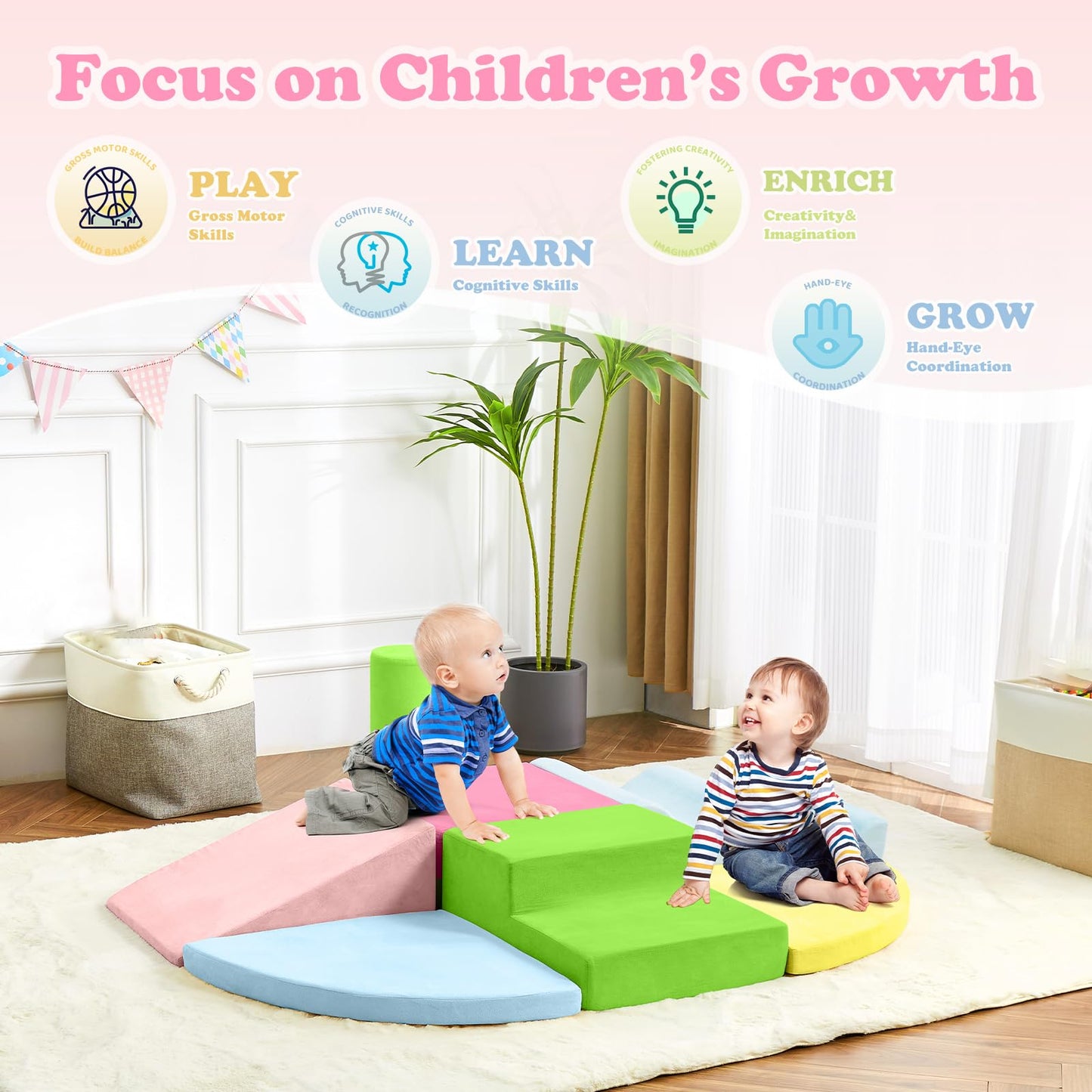QUCHI Kletterspielzeug für Kleinkinder, Kletterspielzeug für Kleinkinder drinnen, 7-teiliges Weichschaum-Kletterblock-Set, Kleinkind-Spielecke Kletterer Indoor Schaumstoff-Spielplatz zum Klettern, Krabbeln und Rutschen