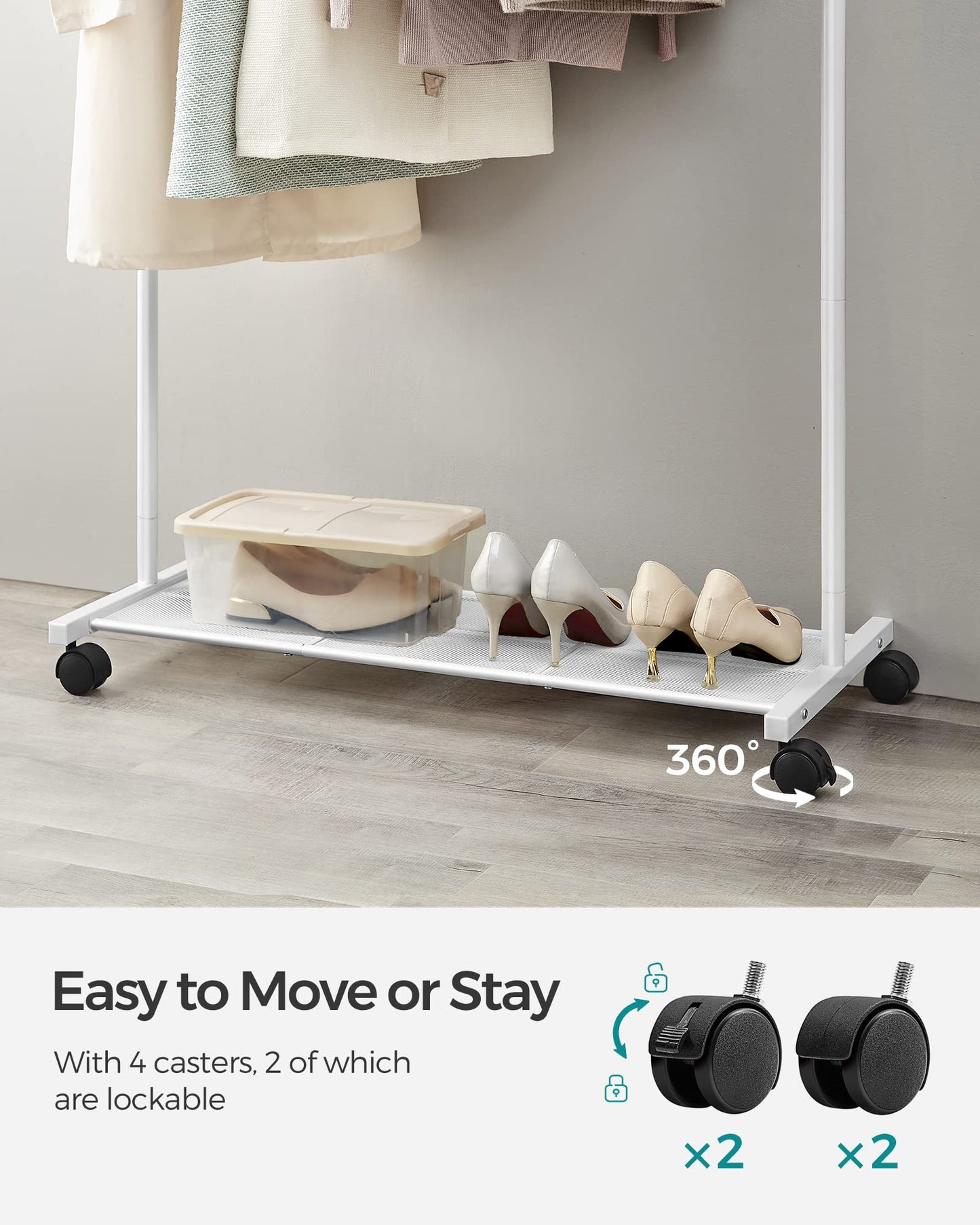 SONGMICS Clothes Rack with Wheels, Clothing Rack for Hanging Clothes, 25.4 mm Metal Garment Rack with Dense Mesh Storage Shelf, 110 lb Load Capacity, 2 Brakes, Black UHSR25BK