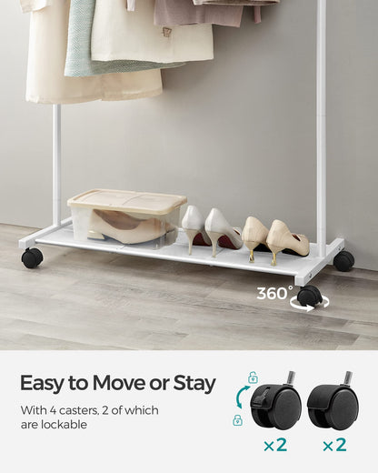 SONGMICS Clothes Rack with Wheels, Clothing Rack for Hanging Clothes, 25.4 mm Metal Garment Rack with Dense Mesh Storage Shelf, 110 lb Load Capacity, 2 Brakes, Black UHSR25BK