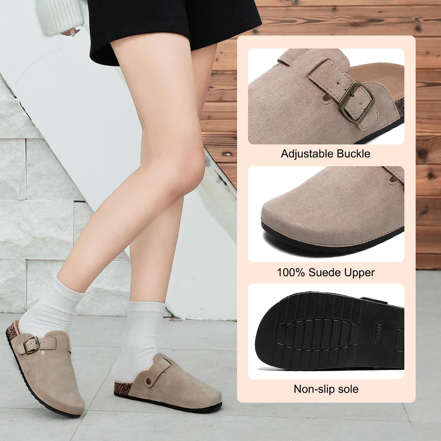 YorFotMae Women's Suede Clogs Mens Leather Mules Comfort Cork Footbed Antislip House Sandals Arch Support Potato Shoes with Adjustable Buckle