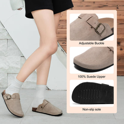 YorFotMae Women's Suede Clogs Mens Leather Mules Comfort Cork Footbed Antislip House Sandals Arch Support Potato Shoes with Adjustable Buckle
