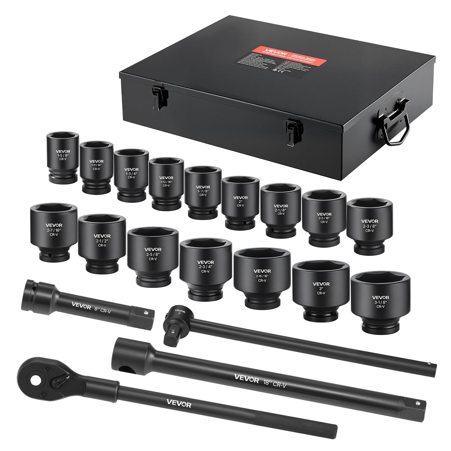VEVOR 91-Piece 1/2" Drive Impact Socket Set, SAE (5/16" to 1-1/4") & Metric (8 to 32 mm), CR-V, Deep & Shallow, 6 Point, Ratchet Handle, Universal Joint, Adapters, Extension Bars (3, 5, 10 in)