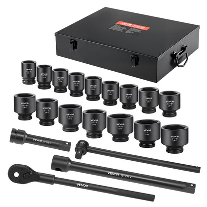VEVOR 91-Piece 1/2" Drive Impact Socket Set, SAE (5/16" to 1-1/4") & Metric (8 to 32 mm), CR-V, Deep & Shallow, 6 Point, Ratchet Handle, Universal Joint, Adapters, Extension Bars (3, 5, 10 in)