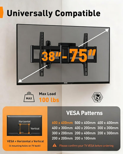 Perlegear Corner TV Wall Mount Long Arm TV Mount Bracket for 37-75 Inch TVs-Full Motion Wall Mount with 32.37” Extension & Swivel Articulating Arm & Tilt, MAX VESA 600x400mm, Holds up to 100 lbs