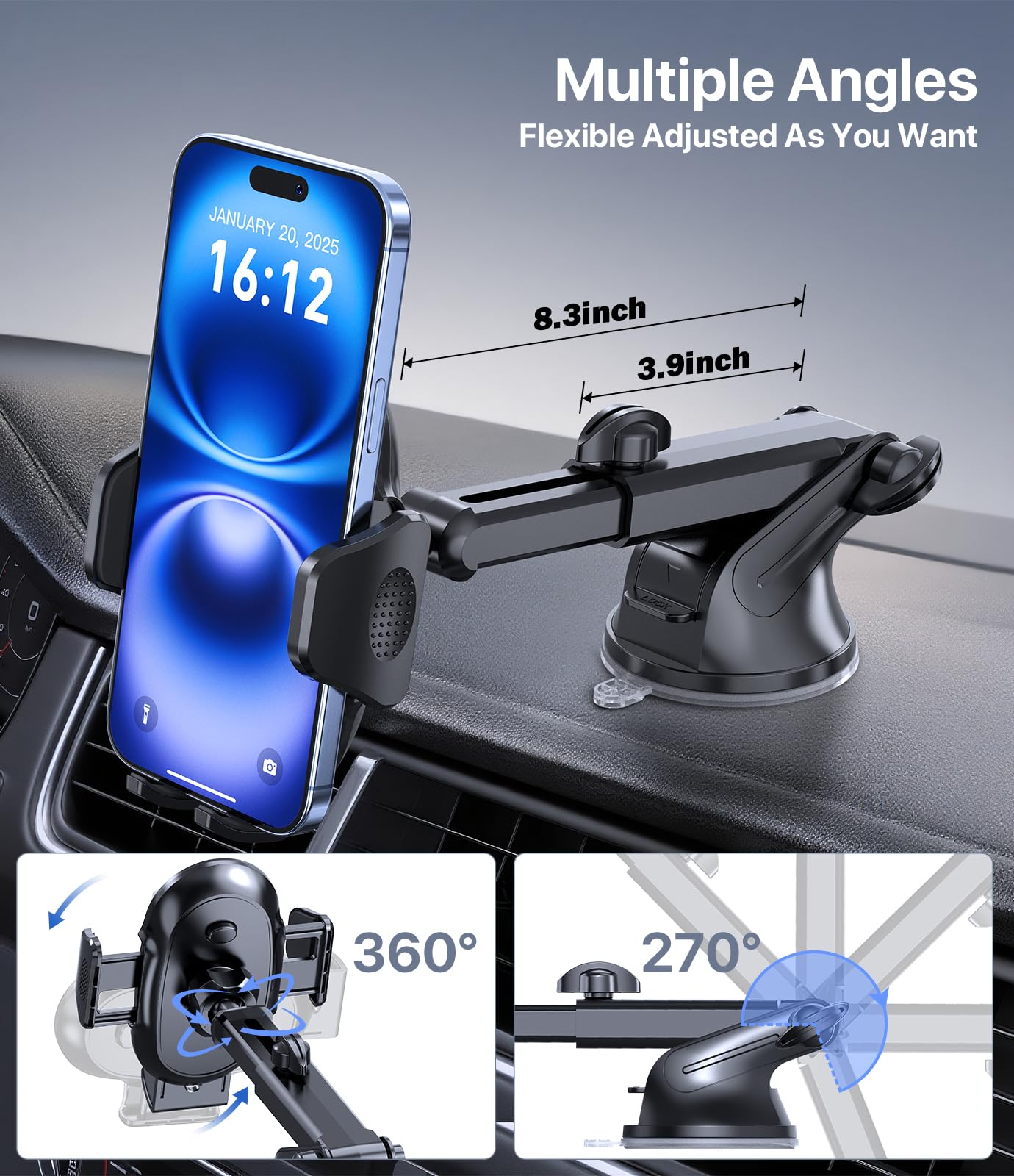 Miracase Car Phone Mount, [Upgraded Strong Military Grade Suction Cup] Long Arm Phone Holder for Car Dashboard Windshield Vent, Hands Free Cell Phone Holder Compatible with All Mobile Phones
