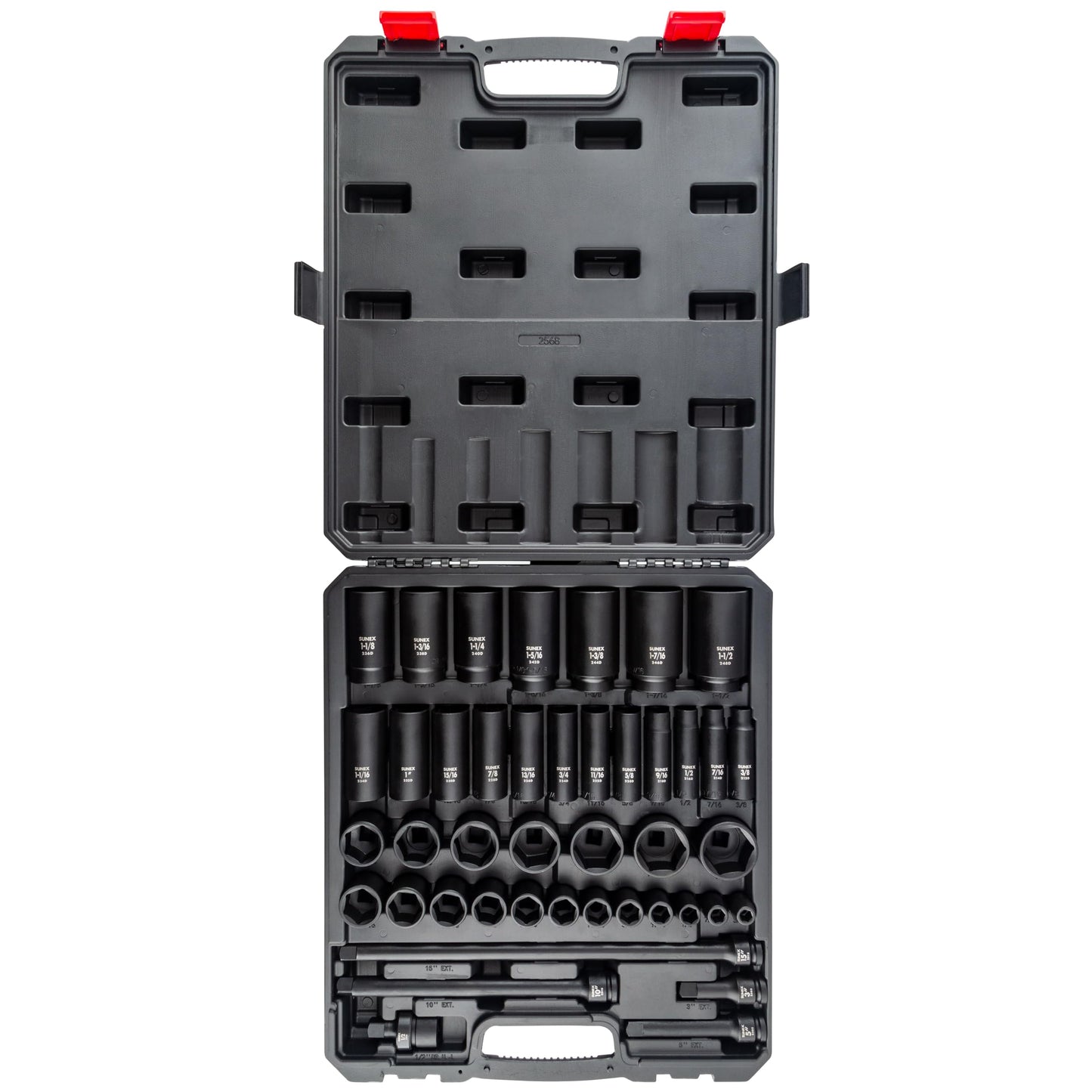 SUNEX Tools 80 Piece 3/8 in. Drive Master Impact Socket Set, Universal, Star, External Star, Extensions, Universal Joint, SAE and Metric, 8mm to 19mm and 5/16 in. to 3/4 in., CR-MO Steel, Model 3580