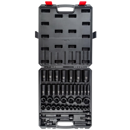 SUNEX Tools 80 Piece 3/8 in. Drive Master Impact Socket Set, Universal, Star, External Star, Extensions, Universal Joint, SAE and Metric, 8mm to 19mm and 5/16 in. to 3/4 in., CR-MO Steel, Model 3580